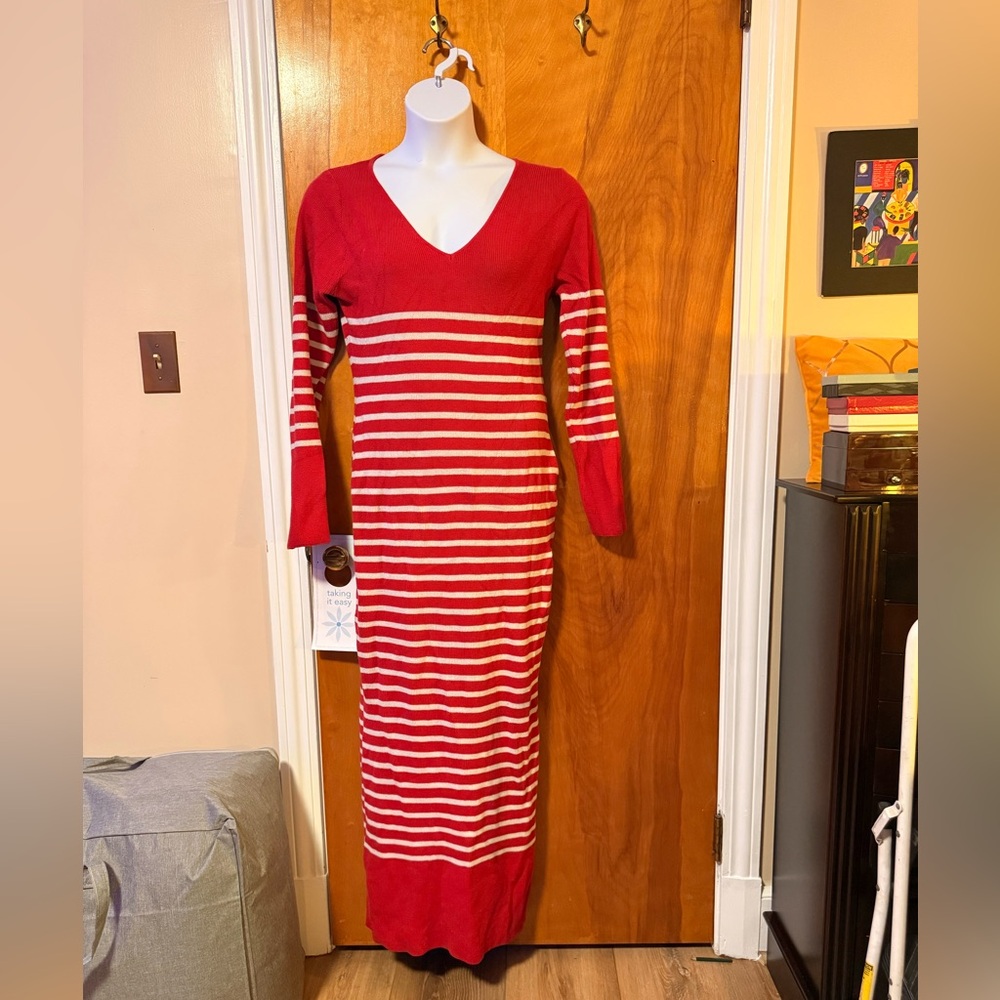 Fashion Nova Red and White Long Sleeve Dress